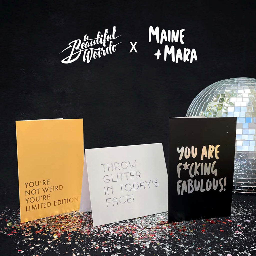 A BEAUTIFUL WEIRDO™ X MAINE + MARA™ - THE SASS SET - ECO GLITTER GREETINGS CARDS SET OF 3